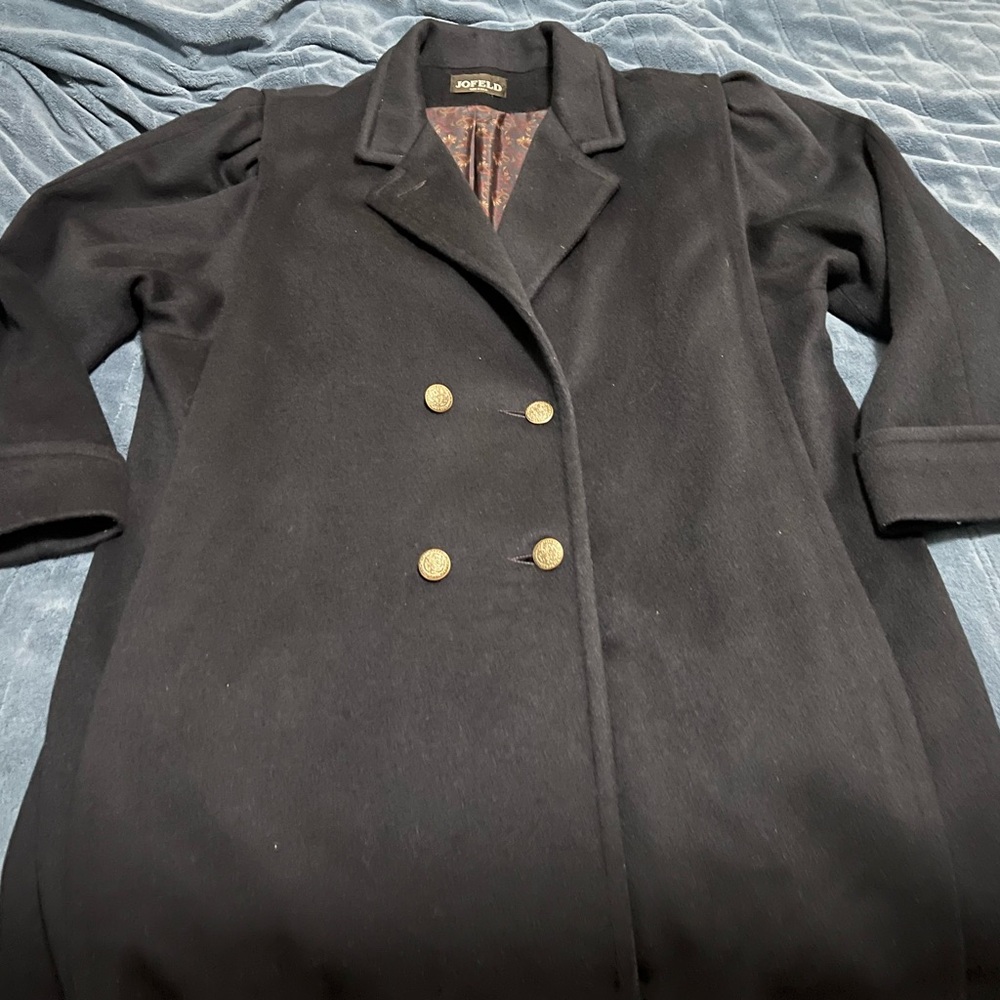 Jofeld Vintage Elegant Wool Blend Black Pea Coat With Gold Buttons